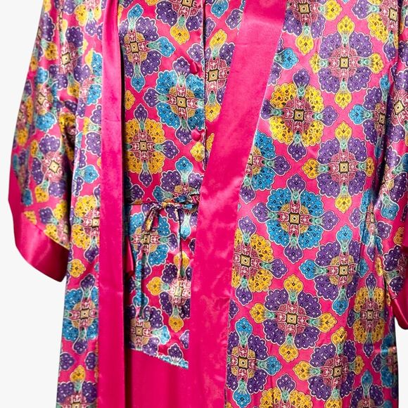 Vintage Delicates Satin Pajama Set Colorful Pink Paisley PJs & Robe Medium 12-14 - Picture 10 of 16